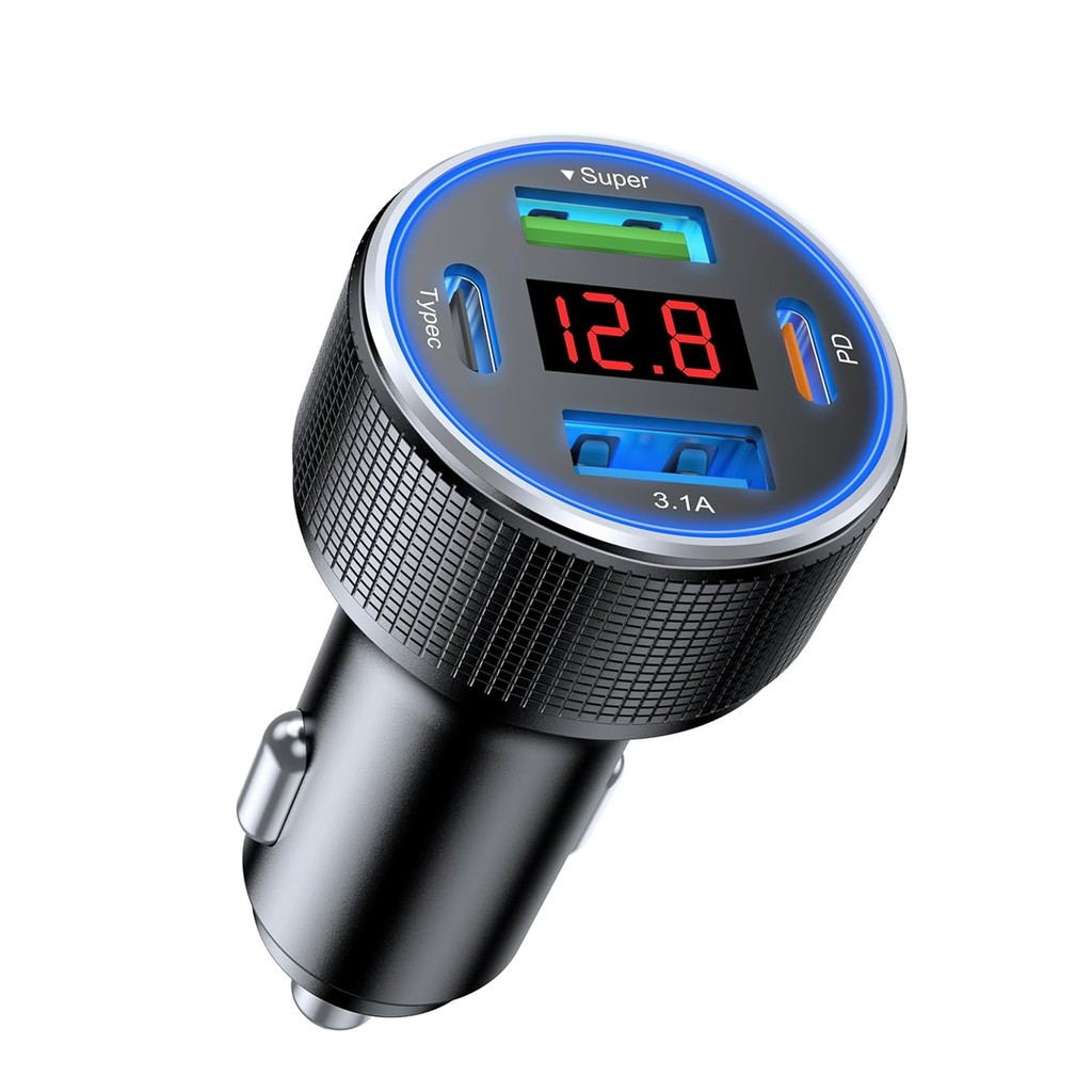 ที่ชาร์จในรถยนต์ USB C, 4 พอร์ต 78W Dual USB Car Charger Adapter Fast Charging หลายพอร์ตอะแดปเตอร์ไฟแช็กพร้อมโวลต์มิเตอร์ประเภท C โทรศัพท์รถอุปกรณ์เสริมสําหรับ Samsung Galaxy