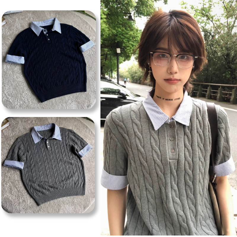 PannoFluxus เสื้อโปโลสไตล์ใหม่แขนสั้น ดีไซน์ถักสายอเมริกัน แฟชั่น สไตล์กลางสองชิ้นปลอม