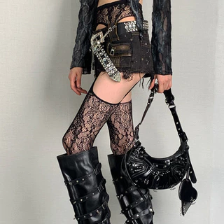 Lolita สาวหวาน Punk สไตล์ดอกไม้ Tights สีสัน สูงต้นขา Sheer FishnetSuspender กางเกงในเข็มขัด