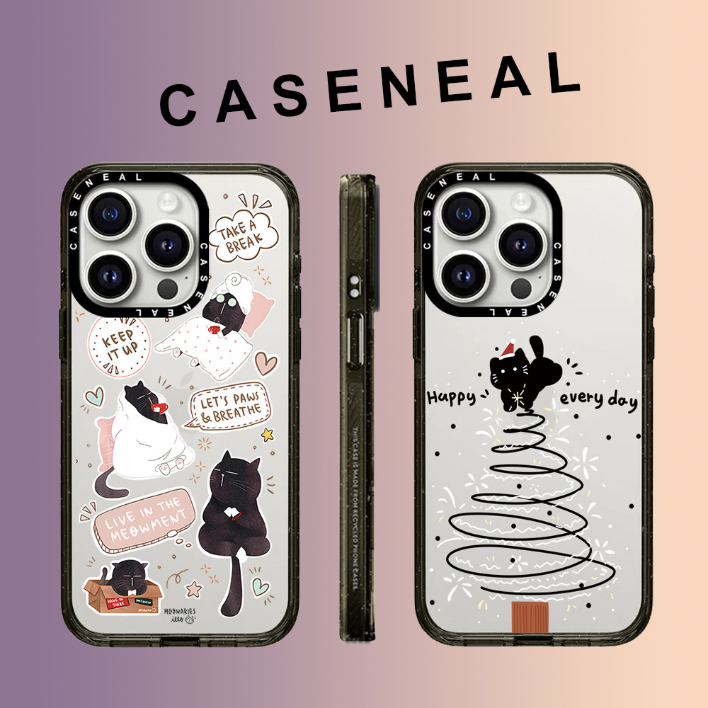 CASENEAL Graffiti น่ารักสนุกแมวดําอะคริลิคโปร่งใสเคสโทรศัพท์สําหรับ iPhone 16 Pro Max 15 Plus 14 ProMax 13 12Pro โทรศัพท์กันกระแทกขอบนุ่มฮาร์ดป้องกันกรณี