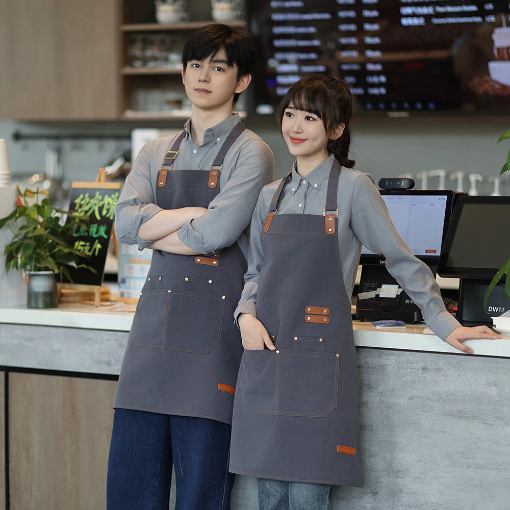 ผ้ากันเปื้อนกาแฟ ผ้าแคนวาส อัพเกรดใหม่และหนาขึ้น วัสดุกันน้ำ เหมาะสำหรับร้านกาแฟ ห้องครัว ผ้ากันเปื้อนงานครัว