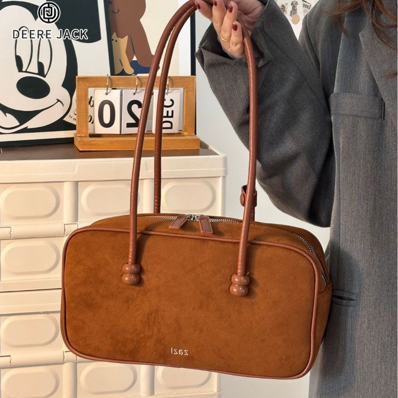 Deere Jack กระเป๋าสะพายสตรีเกรดสูง Frosted ความจุขนาดใหญ่ Vintage Suede Niche Boston Tote Bag