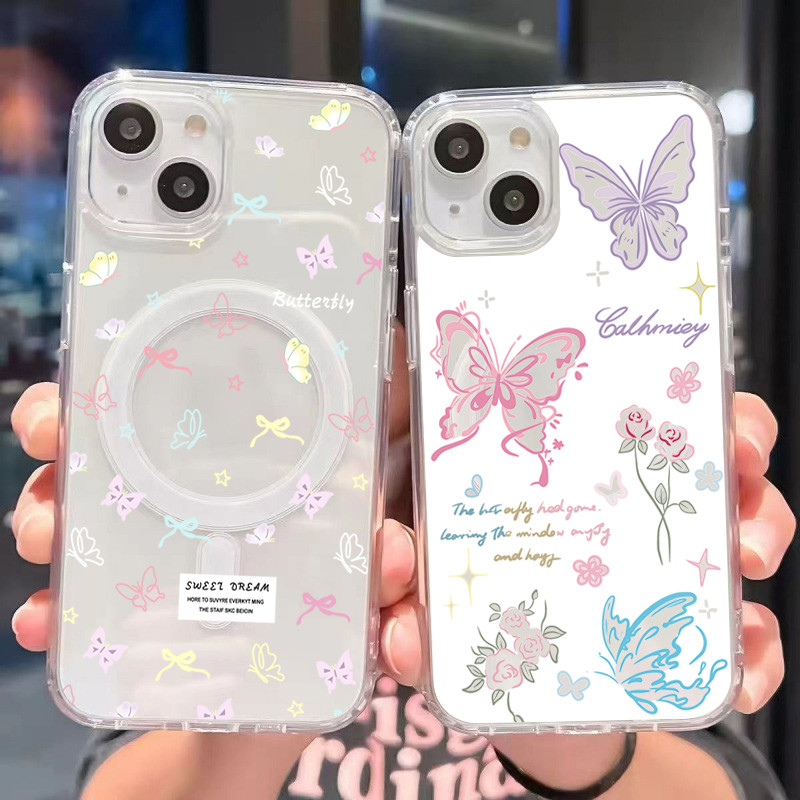 เคสโทรศัพท์หรูหราแบบไร้สายชาร์จได้สำหรับIPhone13 15 7Plus 16 14 12 11ProMAX7 6SPlus X XR XSผีเสื้อที่มีสีสันและหัวใจรัก
