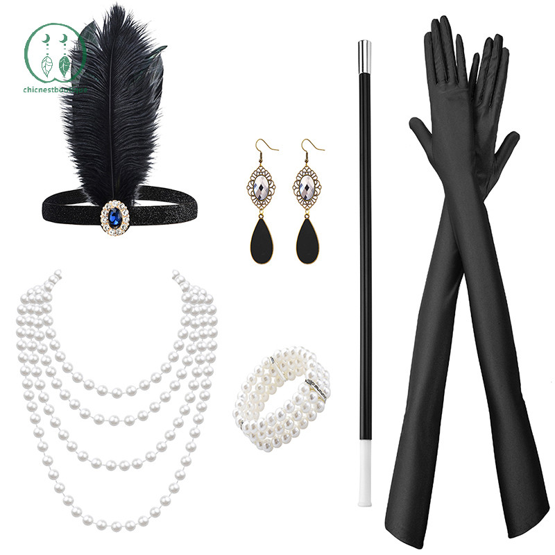 [Chicnest] 1 ชุด 1920s Flapper คอสเพลย์เครื่องแต่งกายสร้อยคอมุกถุงมือยาวอุปกรณ์เสริม Masquerade Boutique
