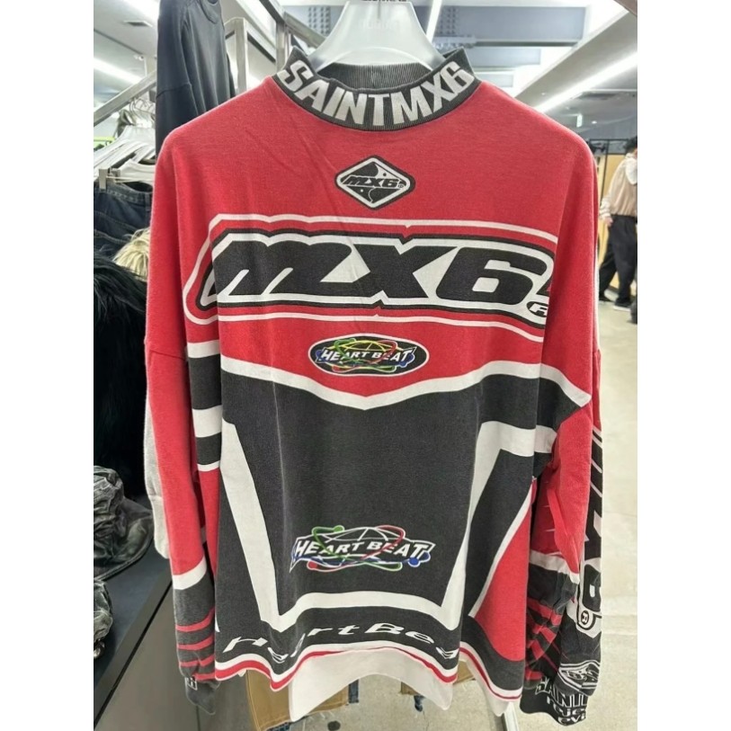 พร้อมสต็อก SA1NT M1CHAEL E สไตล์การแข่งรถแตกล้างเสื้อเชิ้ตแขนยาววินเทจเก่า