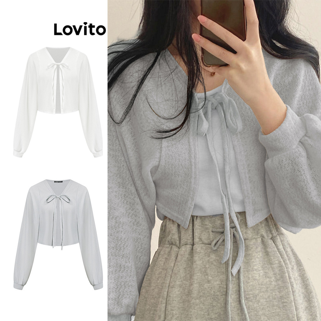 Lovito คาร์ดิแกน สีพื้น แบบผูกเชือก แขนายาว สำหรับสตรี LNA06032 (หลากสี)