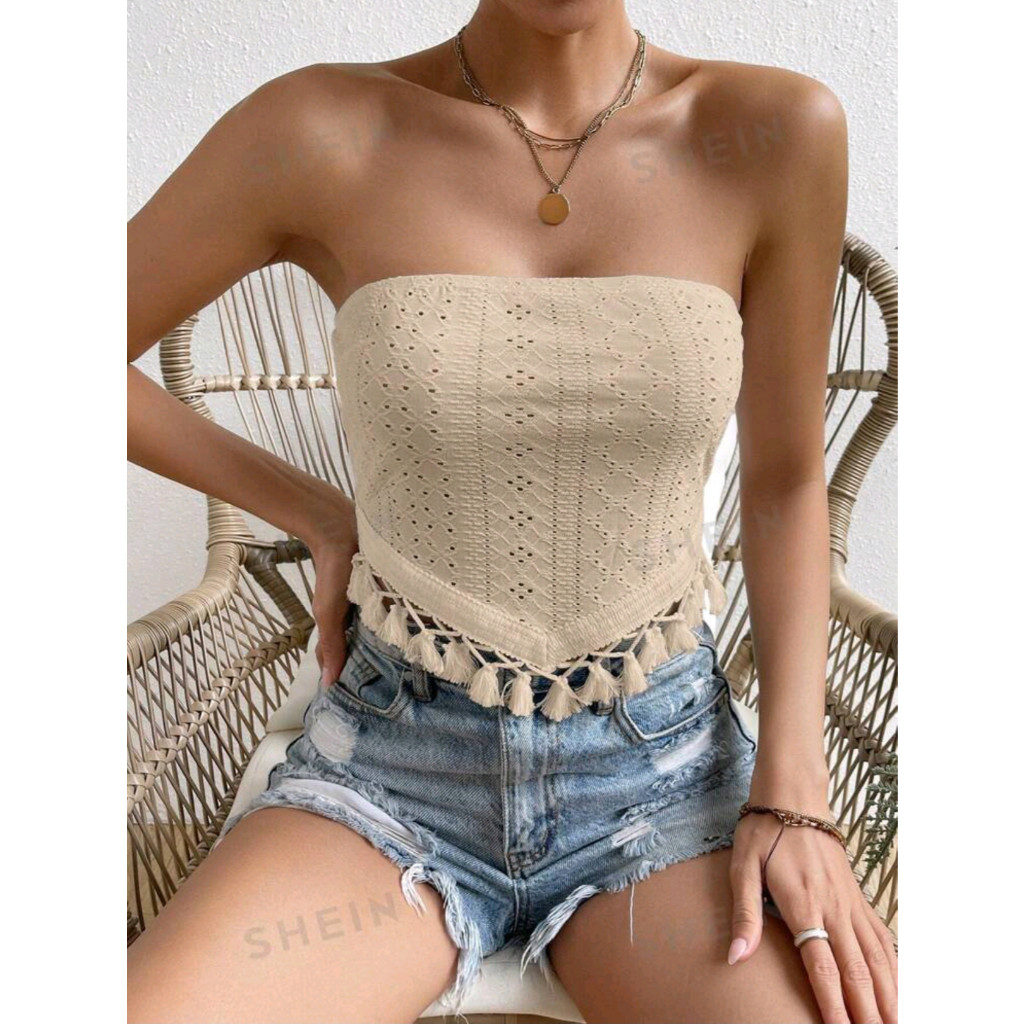 SC Frenchy Womens Splice Fringe Hem Bandeau Top