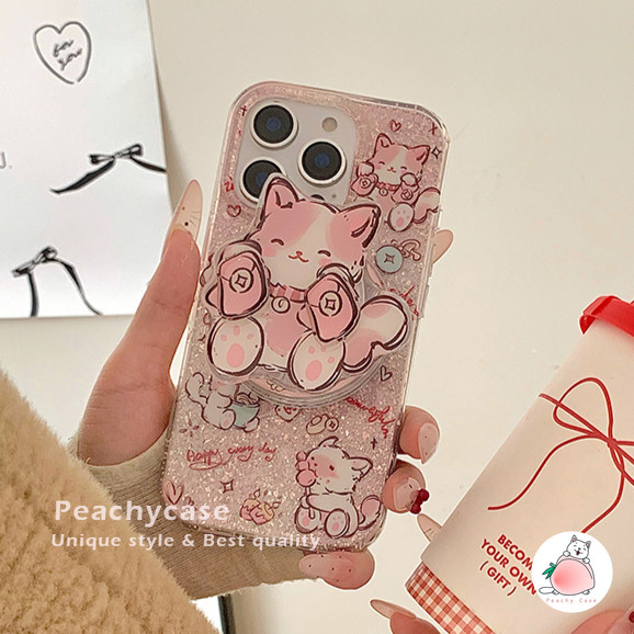 น่ารักหมุนได้สีแดง Rnvelope Cat Holder Stand Glitter เคสโทรศัพท์สําหรับ iPhone 16 15 14 13 Pro Max 16promax IMD กันกระแทกไร้สายชาร์จปกหลัง Shell