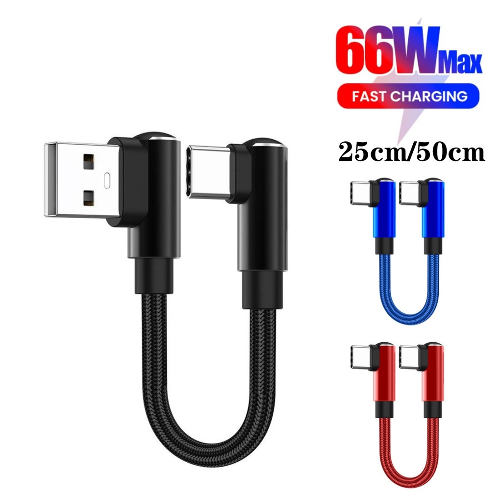 25 ซม./50 ซม.สั้น USB Charger สาย 90 ข้อศอก USB Type C สาย PD 66W 6A Fast สายชาร์จสําหรับ Power Bank