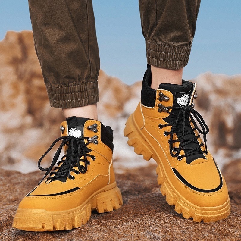 T-T NEW รองเท้าบูทหุ้มข้อ หนัง PU รองเท้าแบบผูกเชือก พื้นหนา ใส่ขึ้นเขา Size40-44MVS080-238