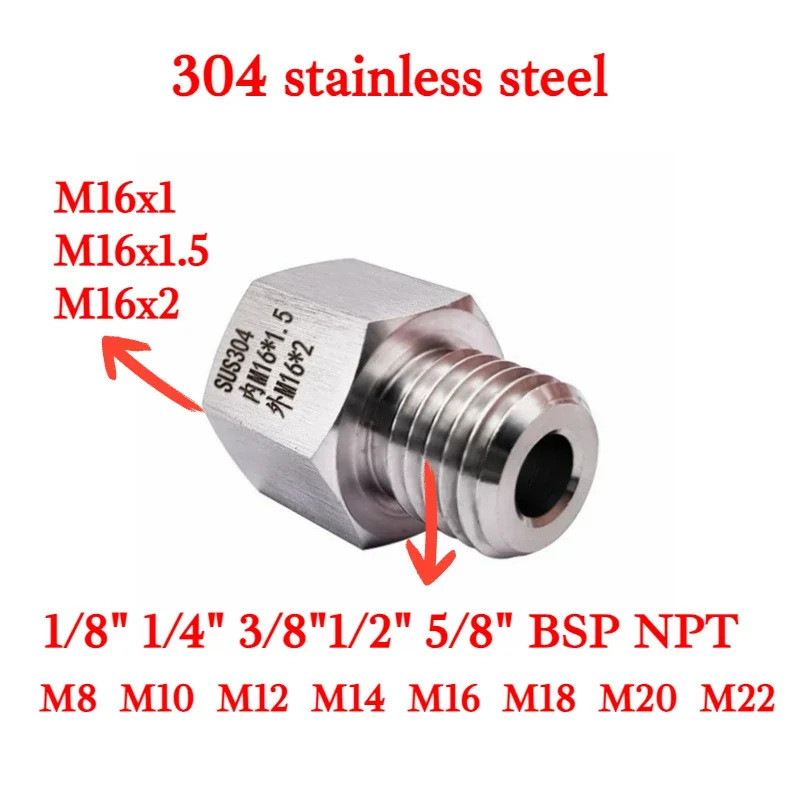 M16หญิงชาย M8 M10 M14 1/8 "1/4" BSP NPT HEX ลดบุช304สแตนเลสแรงดันสูงอะแดปเตอร์ที่เหมาะสมสำหรับเครื่องวัดความดัน
