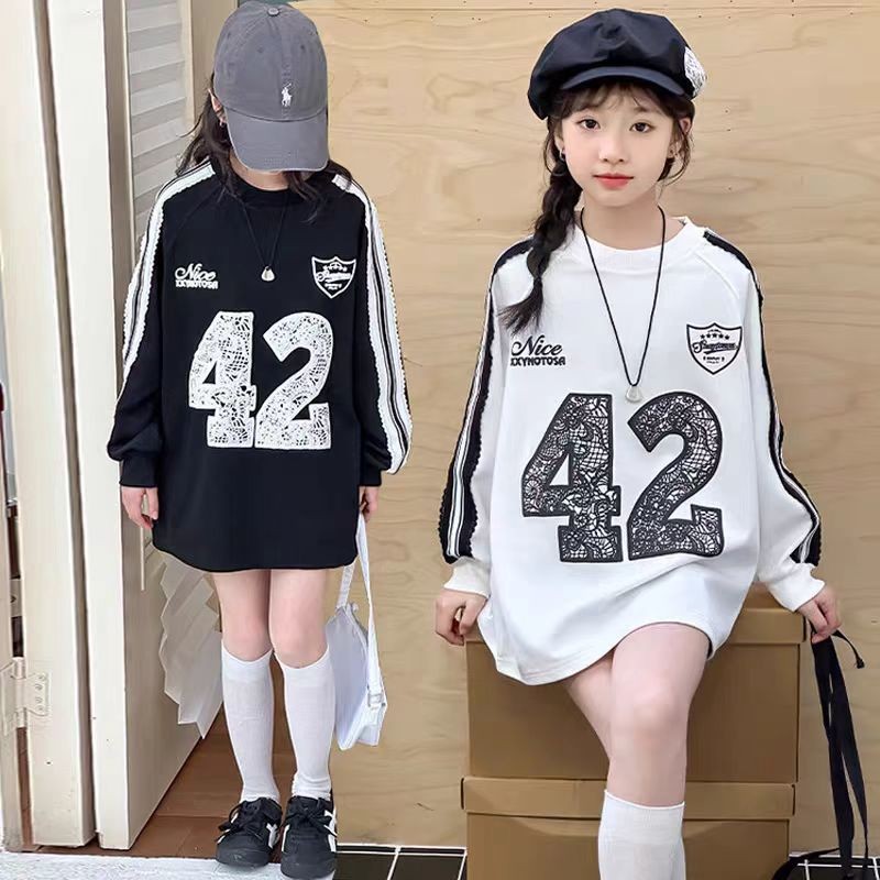 ฤดูใบไม้ผลิฤดูใบไม้ร่วงสาวเกาหลีรุ่นรอบคอกลางความยาวเสื้อยืด 5-13 ปี