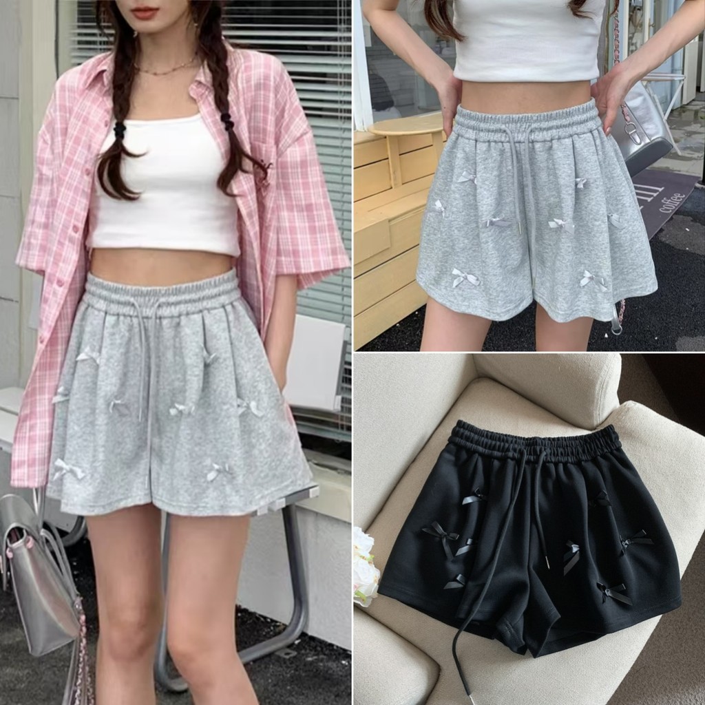 Luna Shop พร้อมส่ง กางเกงขาสั้นขากว้างโบว์สามมิติสไตล์เกาหลี กางเกงขาสั้นลำลองผูกเชือกสำหรับผู้หญิง