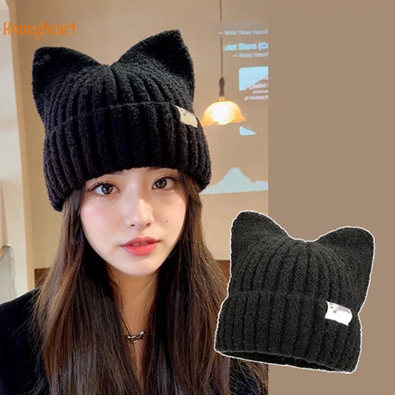 <Honeyheart> หูน่ารัก Beanies สําหรับผู้หญิงฤดูใบไม้ร่วงและฤดูหนาวป้องกันหูที่อบอุ่นหวานอเนกประสงค์เสื้อสวมหัวถักหมวก