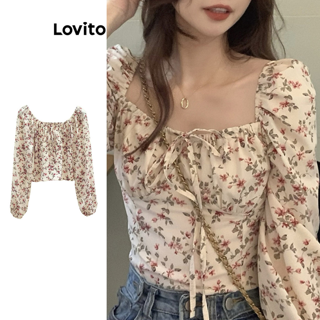 Lovito เสื้อเบลาส์ลูกไม้ลายดอกไม้ ลายเดซี่แบบสบาย ๆ สำหรับผู้หญิง LNM83085