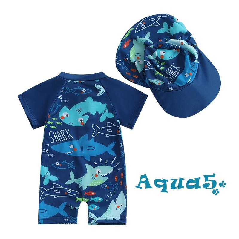 Aqq-toddler Boys Rash Guard ชุดว่ายน้ํา Playsuits Shark พิมพ์ซิปแขนสั้นชุดว่ายน้ําป้องกันแสงแดดพร้อมหมวกว่ายน้ําชุด - รูปที่ 7