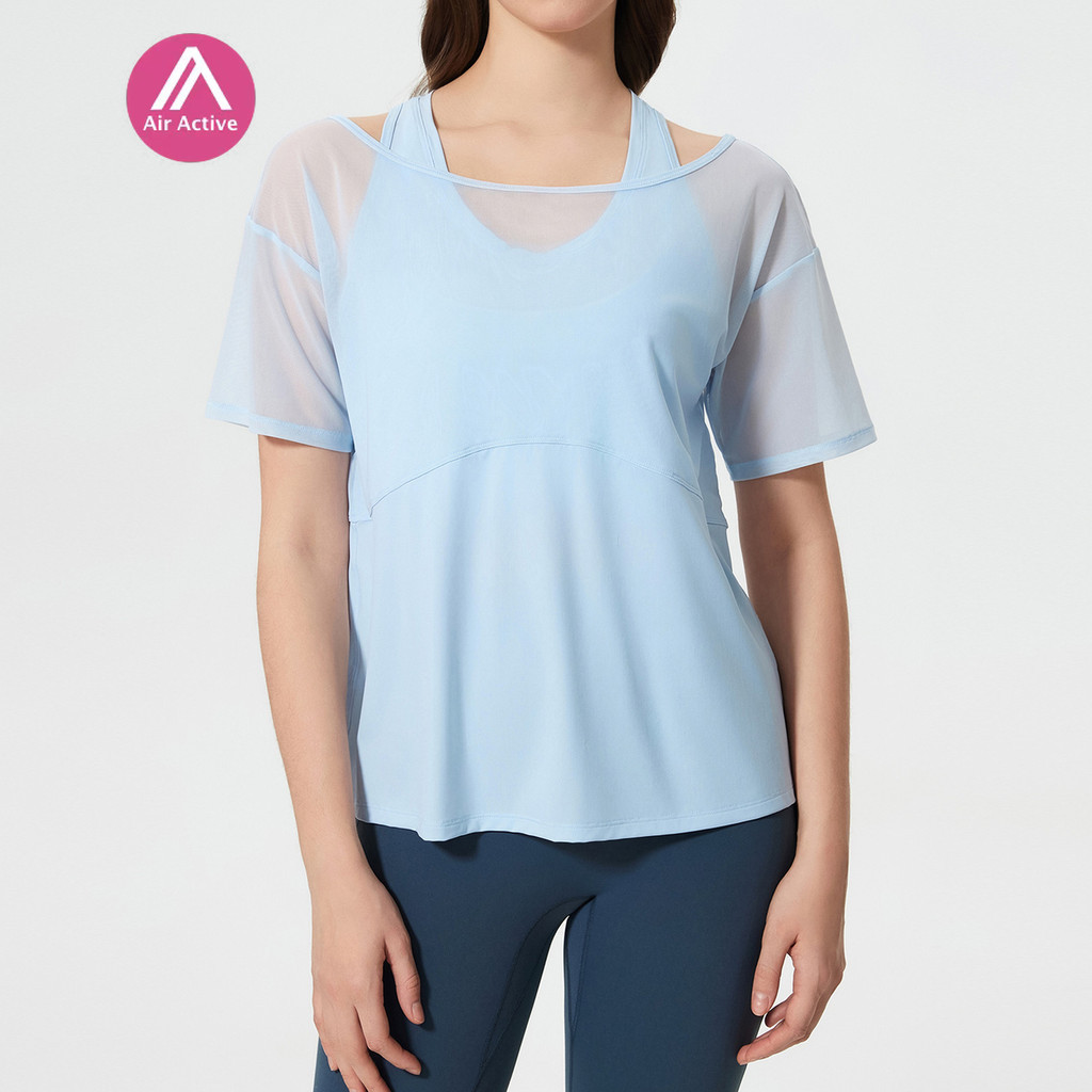 Casual Yoga Sports T-shirt Short Sleeves 2 In 1 Top Cool Fabric Mesh-stitching