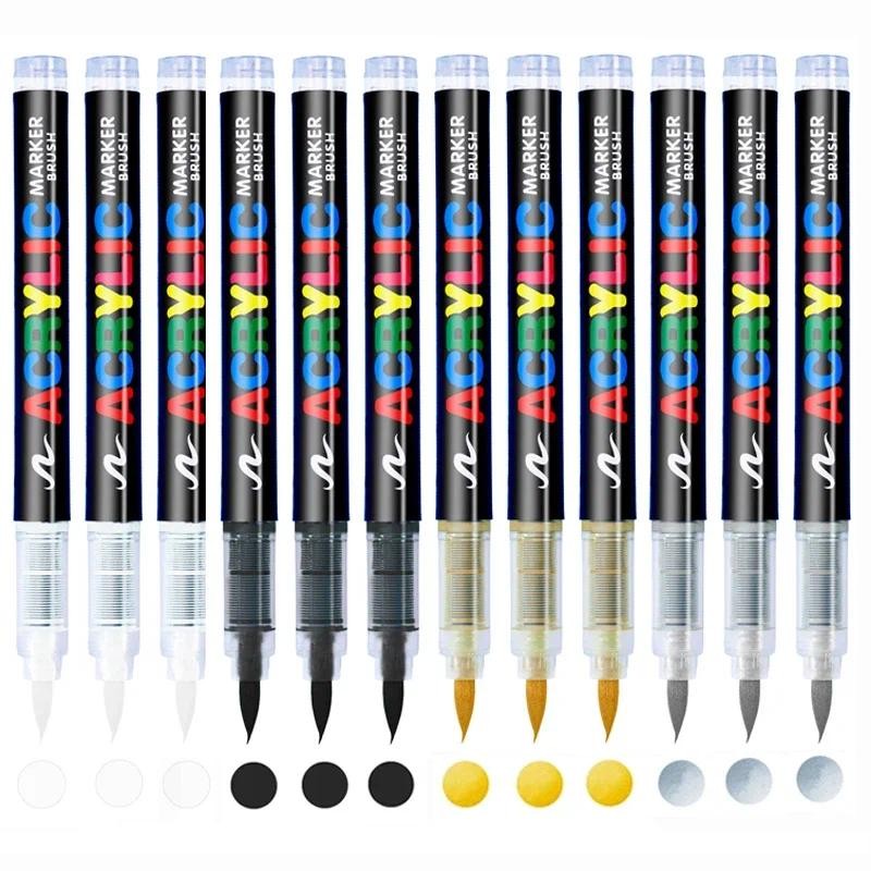3ชิ้นอะคริลิปากกามาร์กเกอร์แปรงปากกาสีขาวสีดําสีเครื่องหมายศิลปะ