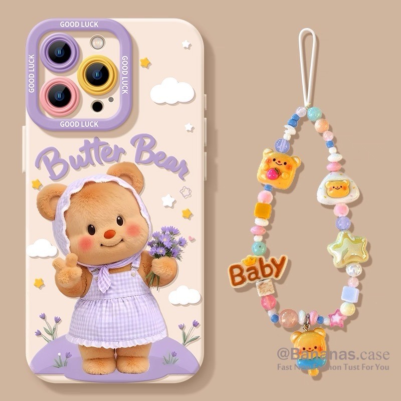 เข้ากันได้กับ iPhone 16 15 14 13 12 11 Pro Max X Xr Xs Max 7 8 Plus SE2020 เคสโทรศัพท์การ์ตูนหมีเนย + Lanyard คู่นุ่มปกหลัง