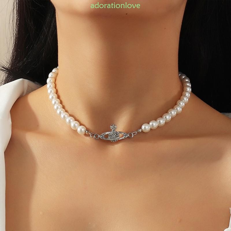 Imitation Pearl Necklace Artificial Planet Diamond Chocker Pendant for Women