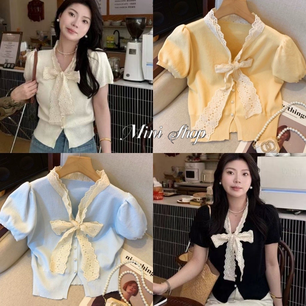 Mini shop🌸พร้อมส่ง🌸(W-M099)เสื้อไหมพรม แขนสั้น คอปกแต่งโบว์ สีพาสเทล ผ้าถัก