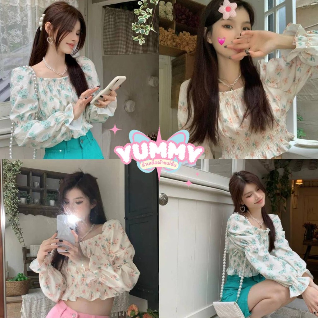🎀Yummy Shop🎀พร้อมส่ง (72031) -C เสื้อเปิดไหล่ลายดอกไม้ ผ้าชีฟอง