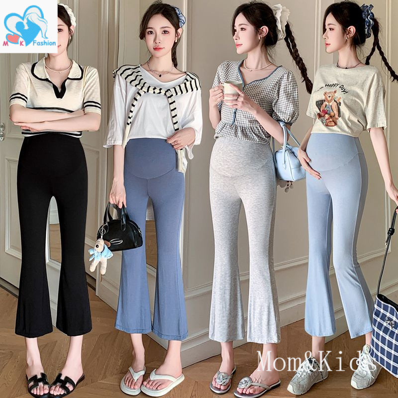 แม่ & เด็กฤดูร้อนหญิงตั้งครรภ์กางเกงบานสวมใส่ด้านนอกปรับตั้งครรภ์ข้อเท้ายาวกางเกงยืดหยุ่นท้องยก ก่อน
