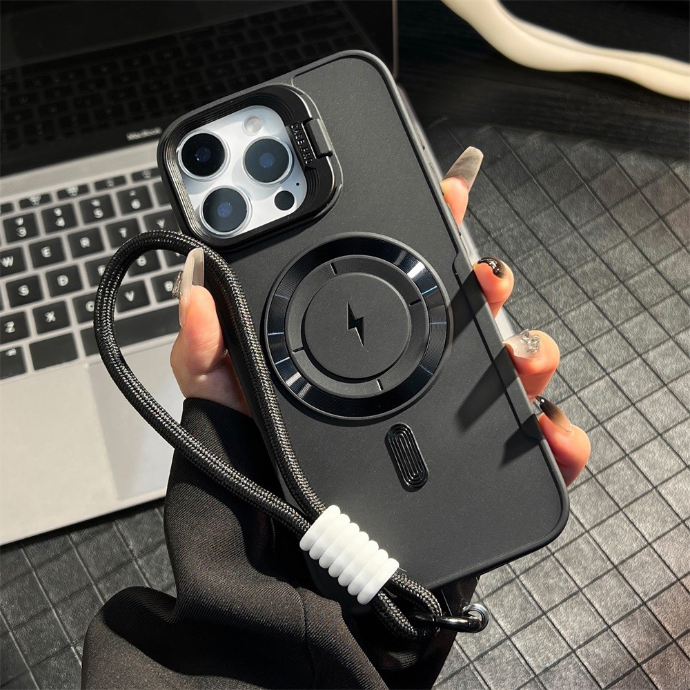 พร้อมสายคล้องโทรศัพท์ For iPhone 11 17 16 13 15 14 12 Pro Max แก้วเลนส์ป้องกันขาตั้งแม่เหล็กกันกระแทกปลอกโปร่งใสสําหรับ
