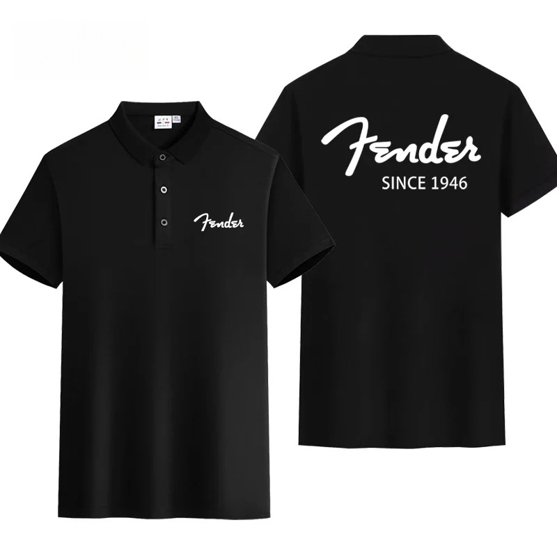 Fender Guitarist Polo-Shirt สำหรับผู้ชาย สไตล์ร็อก มีพรินต์บนเสื้อแขนสั้น