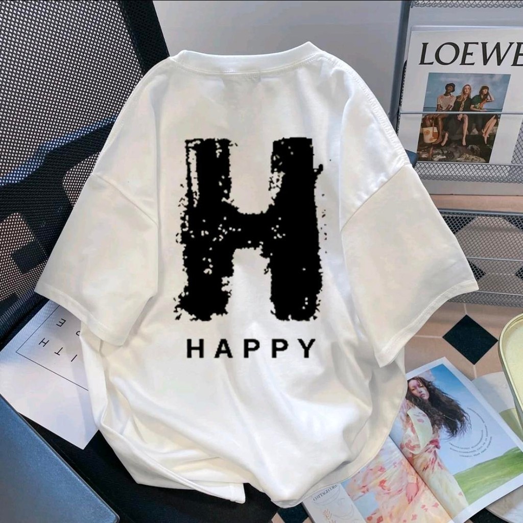 Basi💥เสื้อผู้ชาย เสื้อยืด oversize เกรดพรีเมียม เสื้อคอตตอน100% ไม่หดตัว ใส่สบาย การ์ตูนน่ารัก ลาย "H HAPPY"