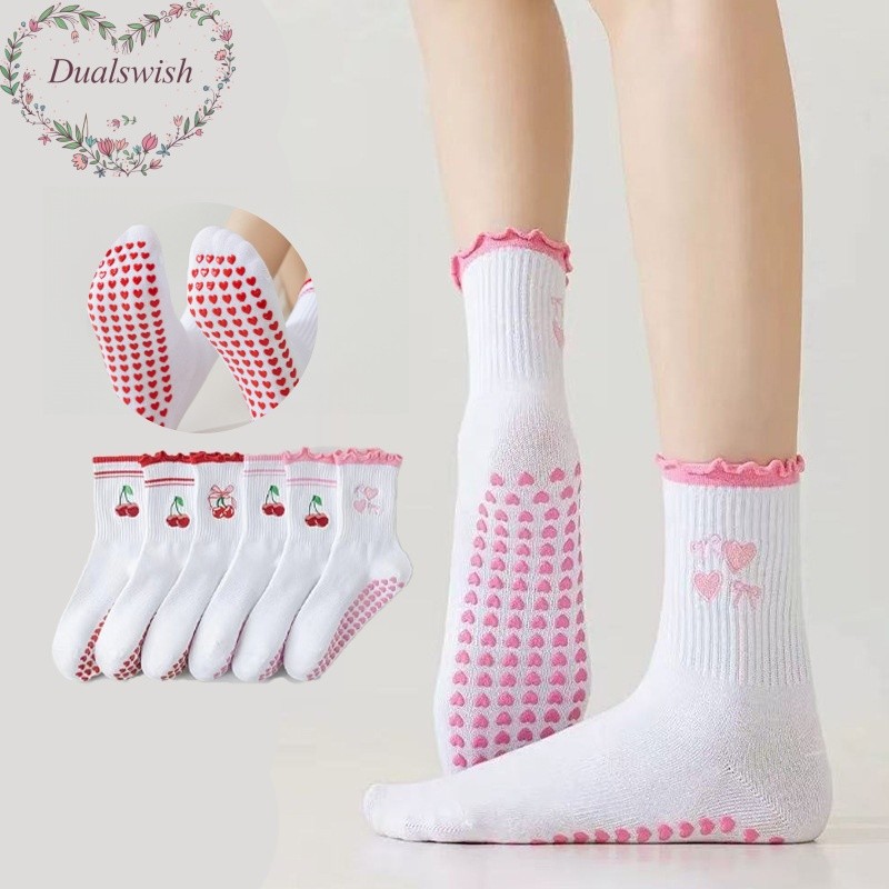 ผู้หญิงเย็บปักถักร้อยเชอร์รี่ถุงเท้าโยคะฤดูร้อนระบายอากาศดูดซับเหงื่อป้องกันการลื่นโยคะพิลาทิสฟิตเนสกีฬาแฟชั่นถุงเท้าโยคะ