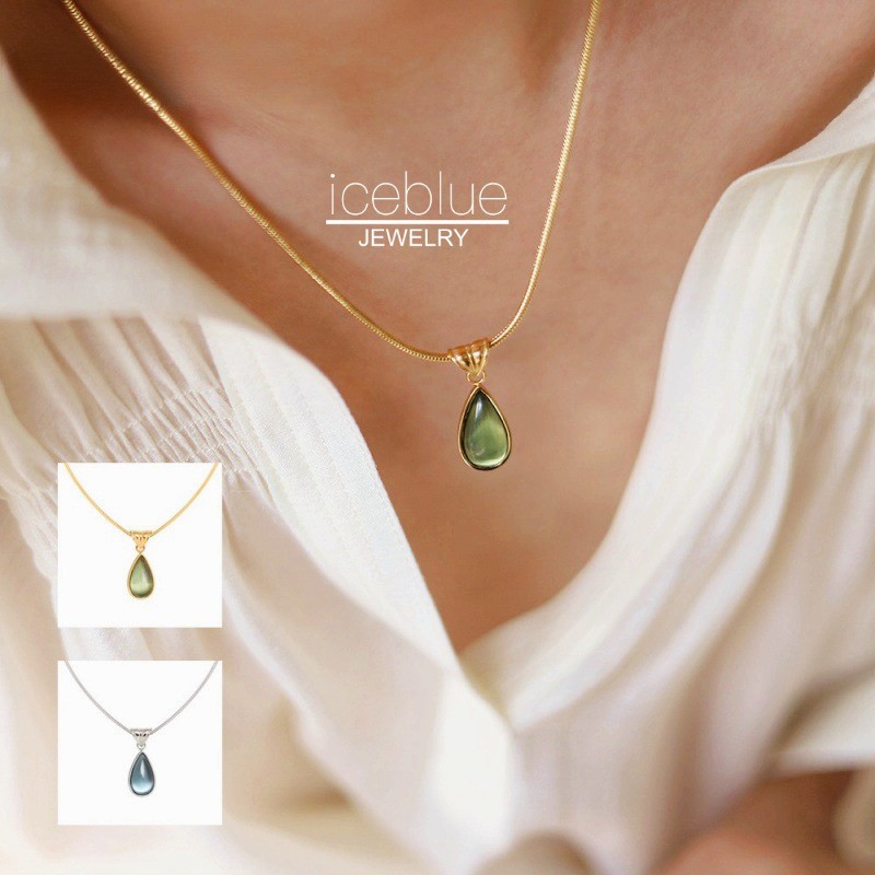 Iceblue-สีฟ้าสีเขียว Water Drop จี้สร้อยคอ 18K Gold Plated 316L สแตนเลสไทเทเนียมเหล็ก Hypoallergenic กันน้ํา Non Tarnish Unisex สร้อยคอสําหรับผู้หญิงผู้ชาย N34
