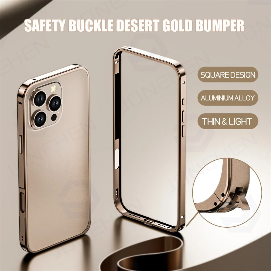 อลูมิเนียมโลหะกันชนกรณี Desert Gold สําหรับ iPhone 12 13 14 Plus 15 16 17 18 Pro Max 16p Ultra Thin Alloy กลับกรอบอุปกรณ์เสริม