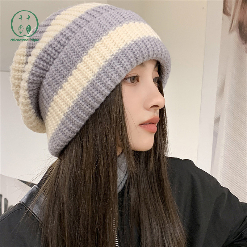 [Chicnest] ฤดูหนาวที่อบอุ่นหมวกผู้หญิงสบายๆซ้อนถัก Bonnet หมวกผู้ชายหมวกลาย Hip Hop Unisex หญิง Beanies Boutique
