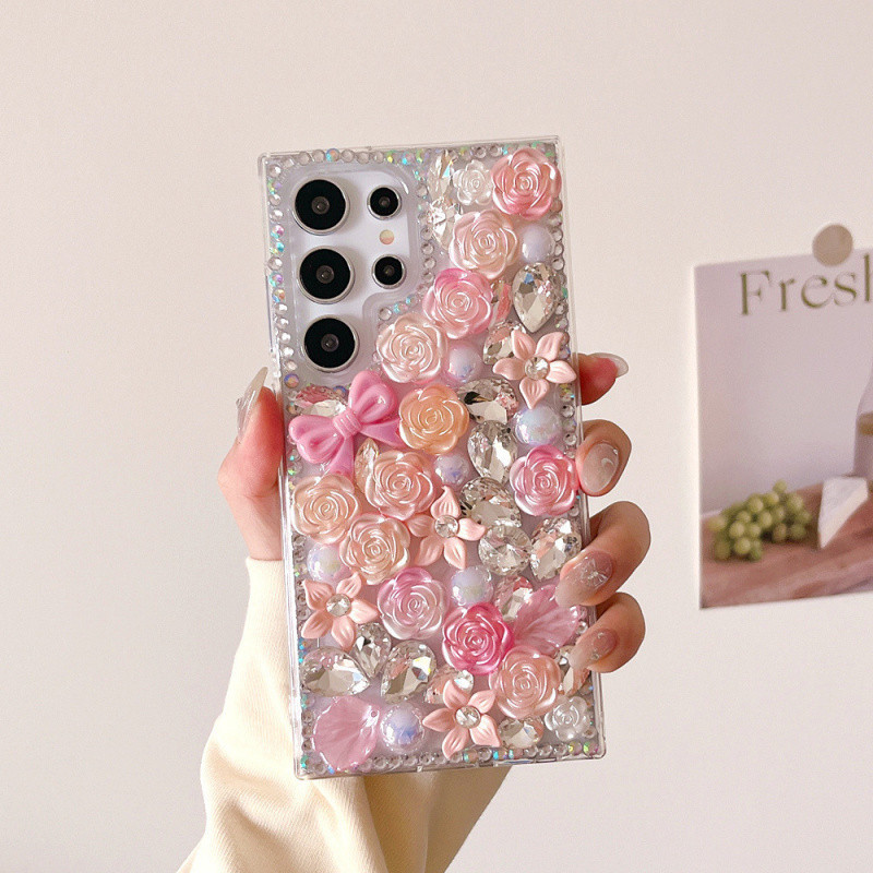 Luxury Bling 3D rhinestones bowknot Rose ดอกไม้ Pearl เคสโทรศัพท์สำหรับ Samsung S25 ultra S24 FE S24 S23 S23 S21 S20 ultra PLUS S20 S21 FE ultra Full Diamond Soft COVER