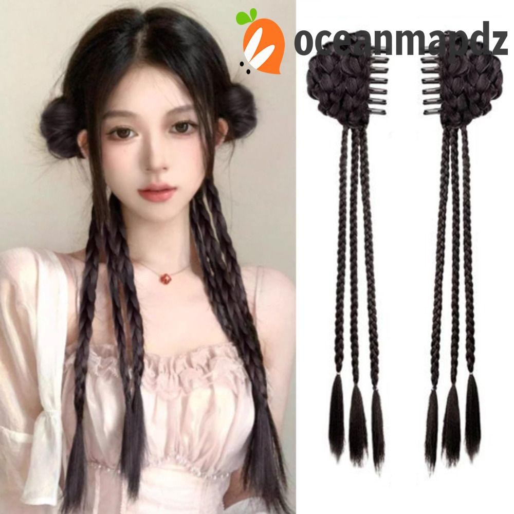 Oceanmapdz 2 ชิ้นวิกผมมวย Braid, ใหม่สไตล์จีนแป้งทอดบิดถักเปียยาว, Cool Claw คลิปผมกระเป๋า Hanfu Headwear คู่วิกผมหางม้าทุกวัน