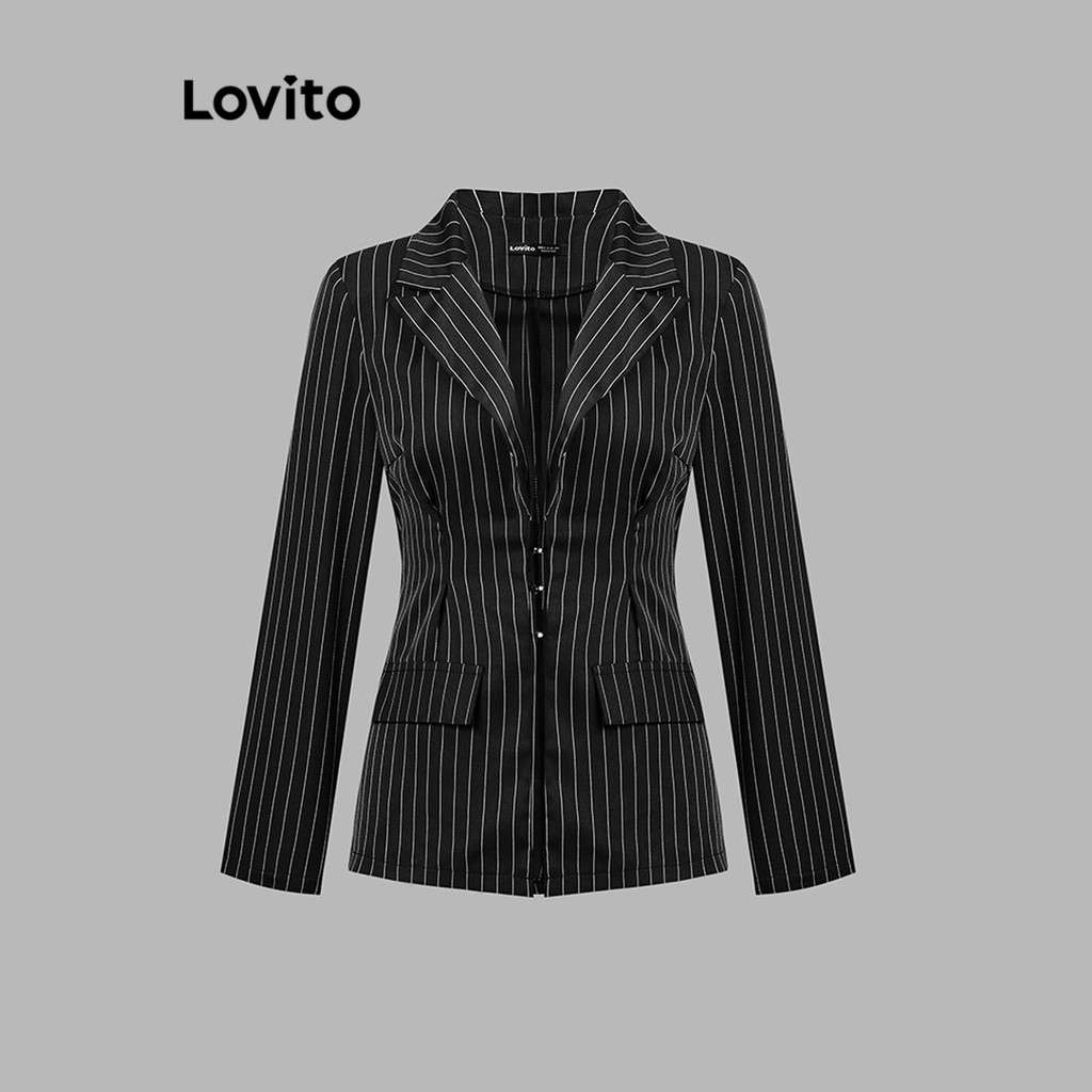 Lovito เสื้อเบลเซอร์รัดเอวลายทางลำลองสำหรับผู้หญิง L110AD332