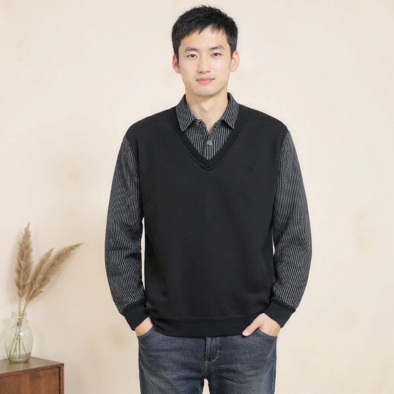 เสื้อสเวตเตอร์ถักปลอมสองชิ้นเสื้อเชิ้ตปกลำลองแฟชั่นชาย