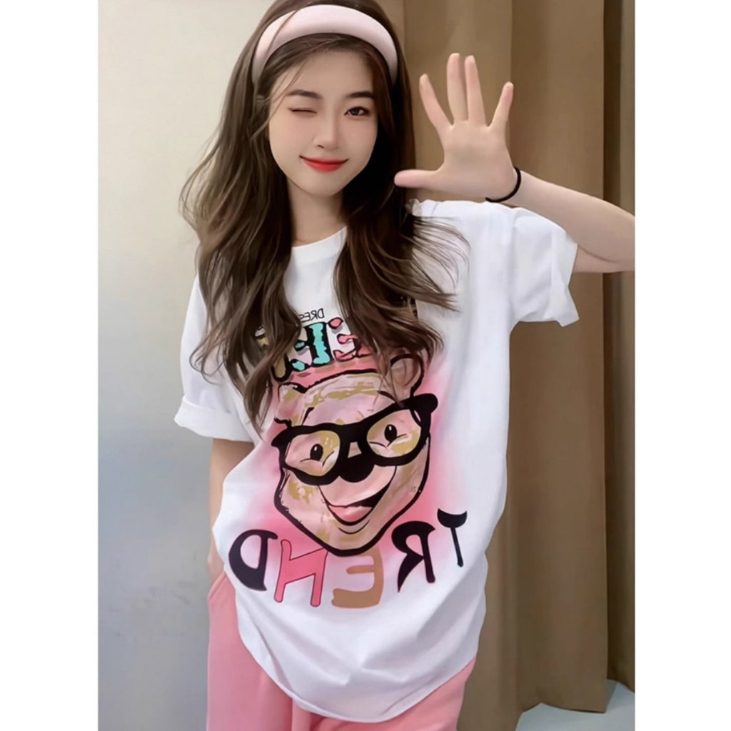 【จัดส่งจากไทย】เสื้อยืดพิมพ์ลายหมีใส่แว่นเวอร์ชั่นเกาหลี คุณภาพดี แขนสั้น คอกลม ผ้าเนื้อนุ่ม สวมใส่สบาย
