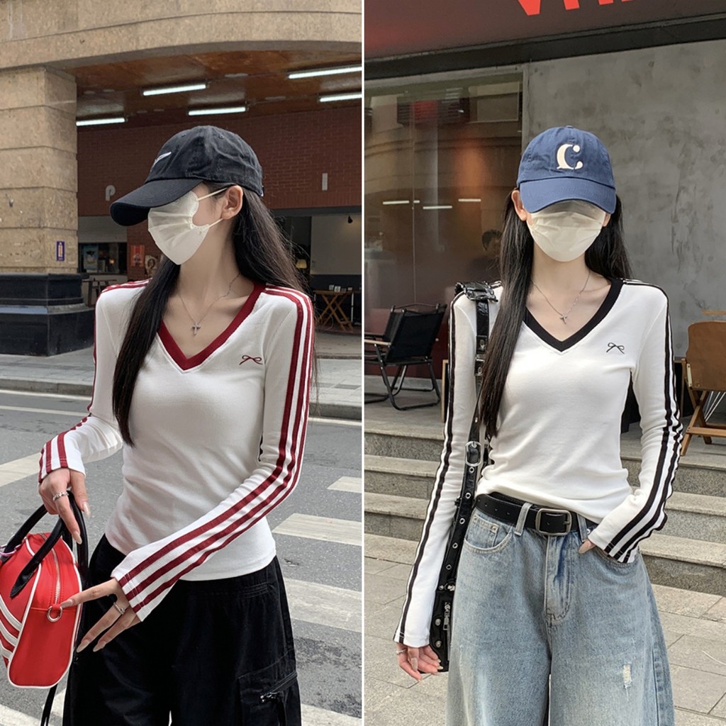 Betty house พร้อมส่ง เสื้อยืดแขนยาวคอวีสีพื้นสำหรับผู้หญิง ด้วยปุ่ม สไตล์สลิมฟิต สไตล์สาวฮอตเกาหลี