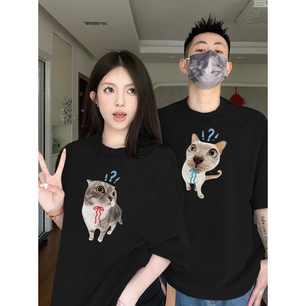 COD (จัดส่งในกรุงเทพฯ) MAO Shop เสื้อยืดคู่รัก 2025insน่ารัก ลูกแมว ลูกสุนัข เสื้อแขนสั้นผู้หญิง