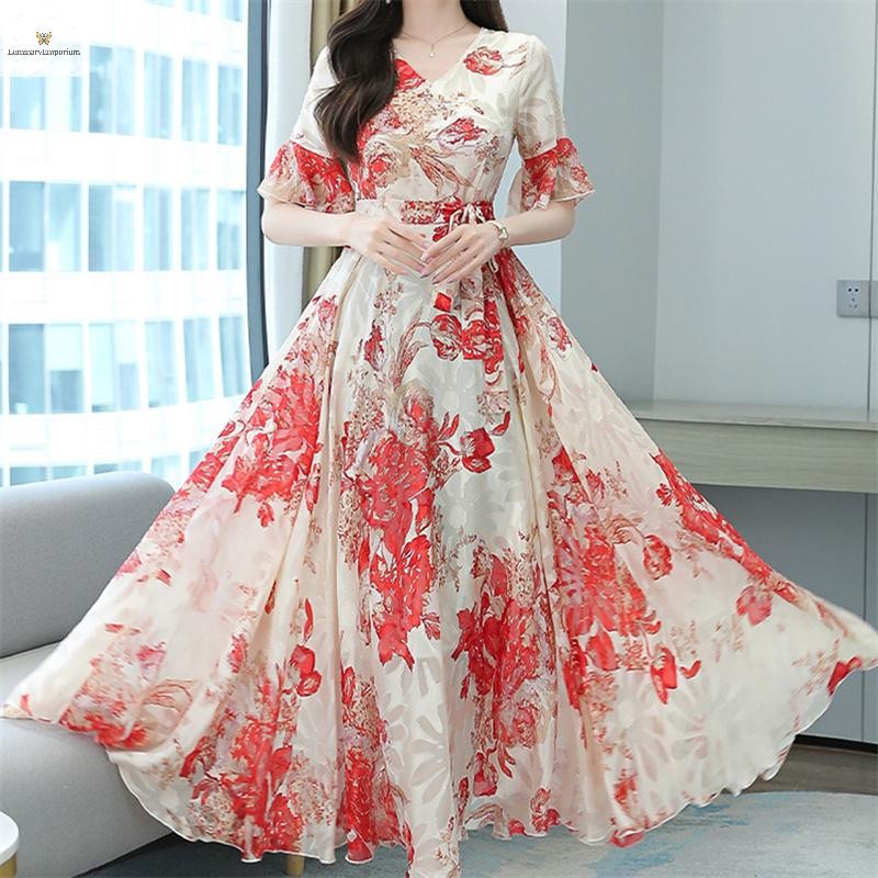 Cod 2022 Elegant Women Plus Size Boho Beach Maxi Dress ชีฟองลายดอกไม้ Midi Sundress ใหม่