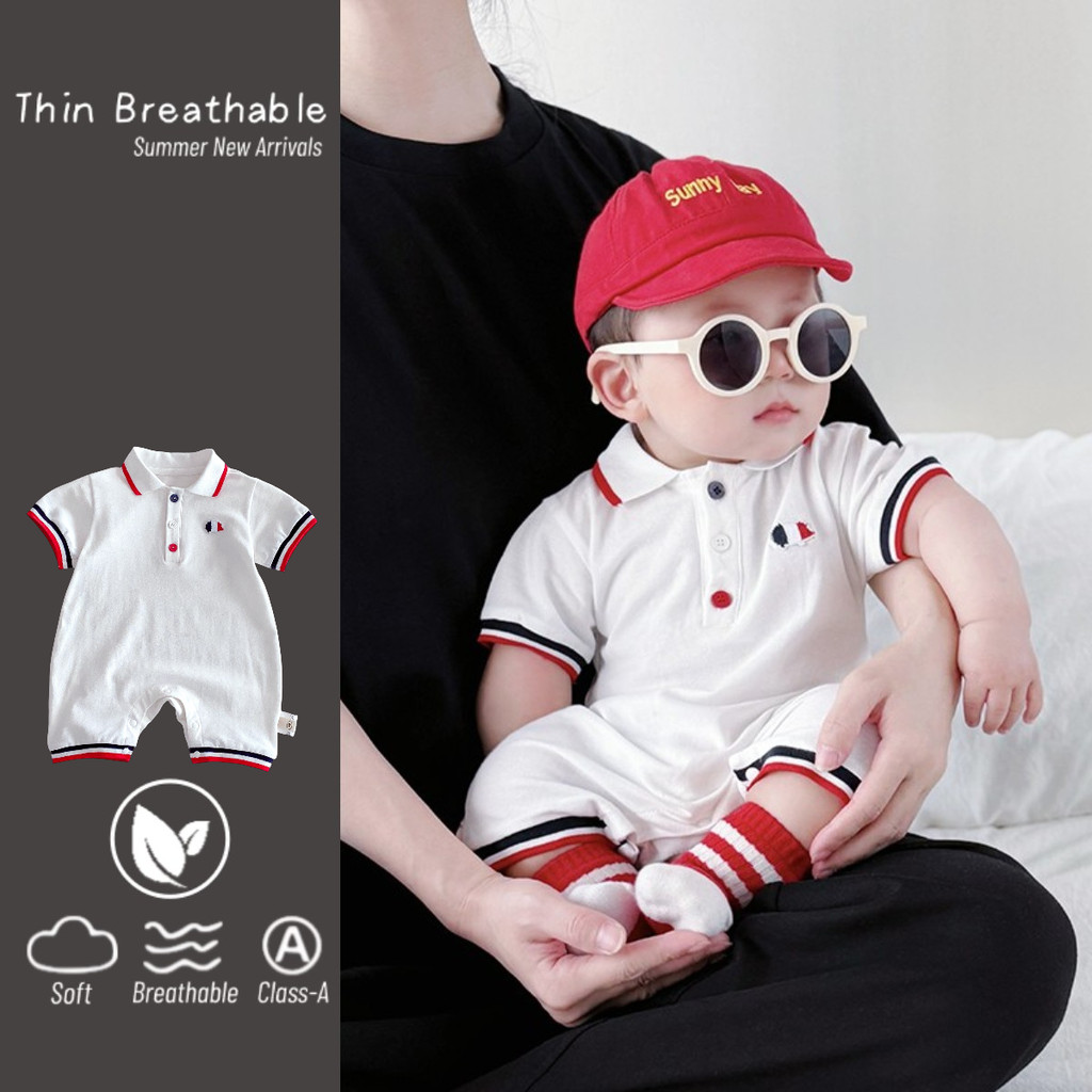 ฤดูร้อนใหม่เสื้อผ้าเด็กชายหญิงแขนสั้น ชุด 0-24 เดือน สุด ๆ หล่อบางผ้าฝ้ายแท้ เรียบง่าย โปโล ชุดรอมเปอร์ สไตล์ยุโรปและอเมริกา