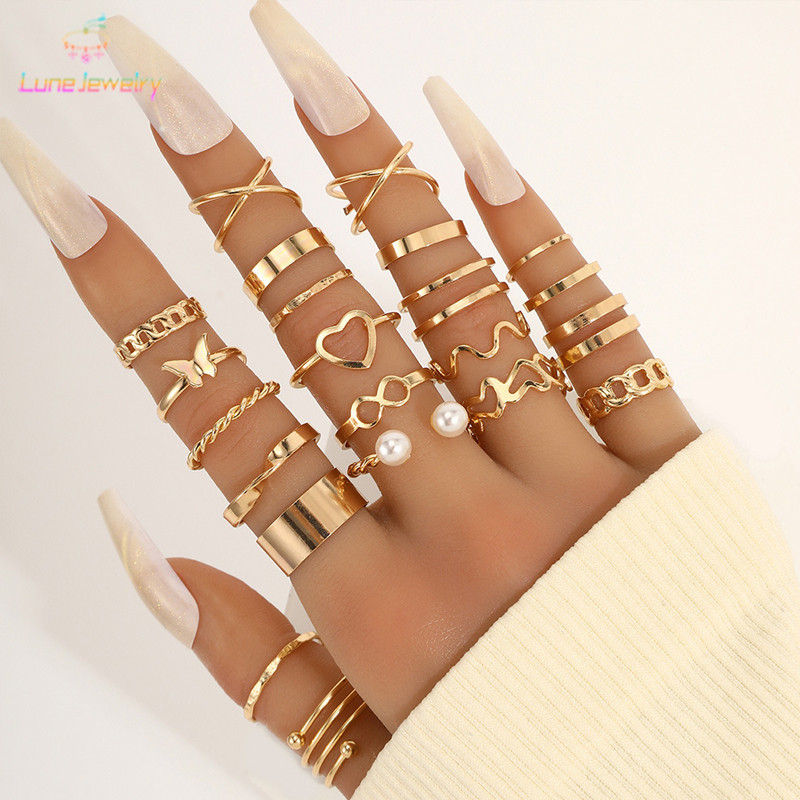 COD💖Design Sense Open Ring Niche Butterfly Ring ชุด 22 ชิ้น แหวนข้อต่อเรียบง่ายสำหรับผู้หญิง-Lune