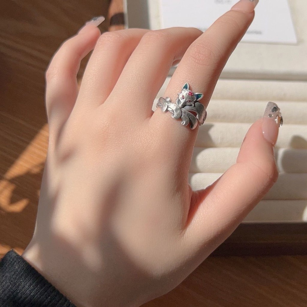 แหวนสุนัขจิ้งจอกเงินไทย แหวนสุนัขจิ้งจอกเก้าหางแหวนนิ้วชี้วินเทจของขวัญ