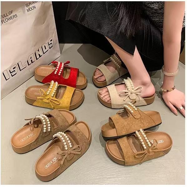 One for all พร้อมส่งจากไทย TX689 รองเท้าเเตะแบบสวม ฤดูร้อน สไตล์ฝรั่งเศส พื้นหนา3cm พร้อมโบว์เเละมุก สำหรับผู้หญิง
