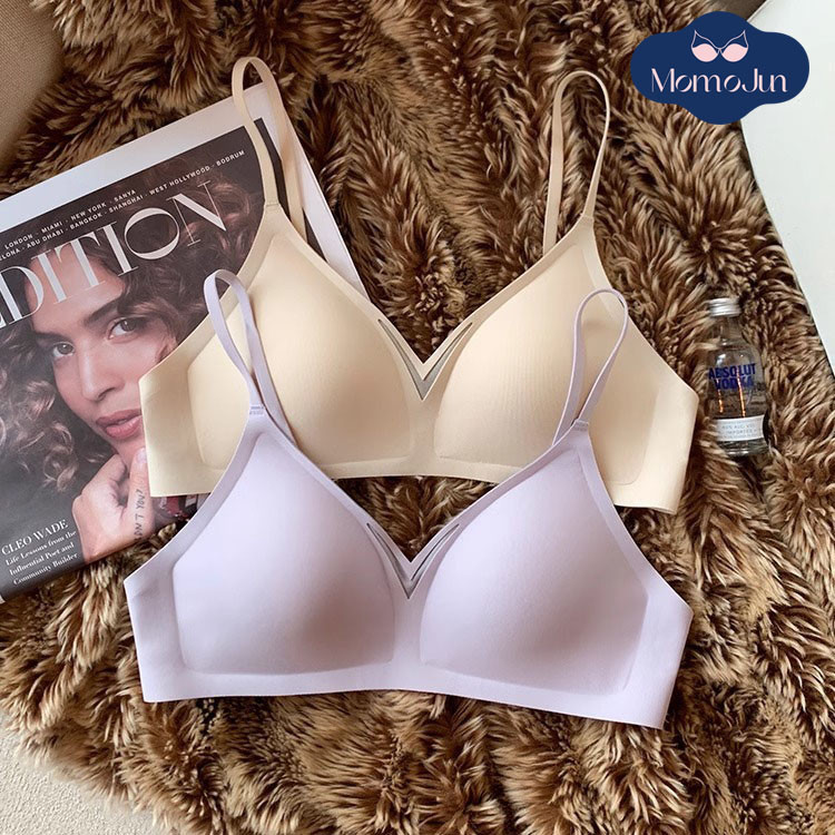 Momo อ่อนนุ่มสบายไม่มีกรอบกดขึ้นบราเซ็กซี่ลึก V ระบายอากาศได้บางเฉียบชุดชั้นในไม่มีรอยต่อ