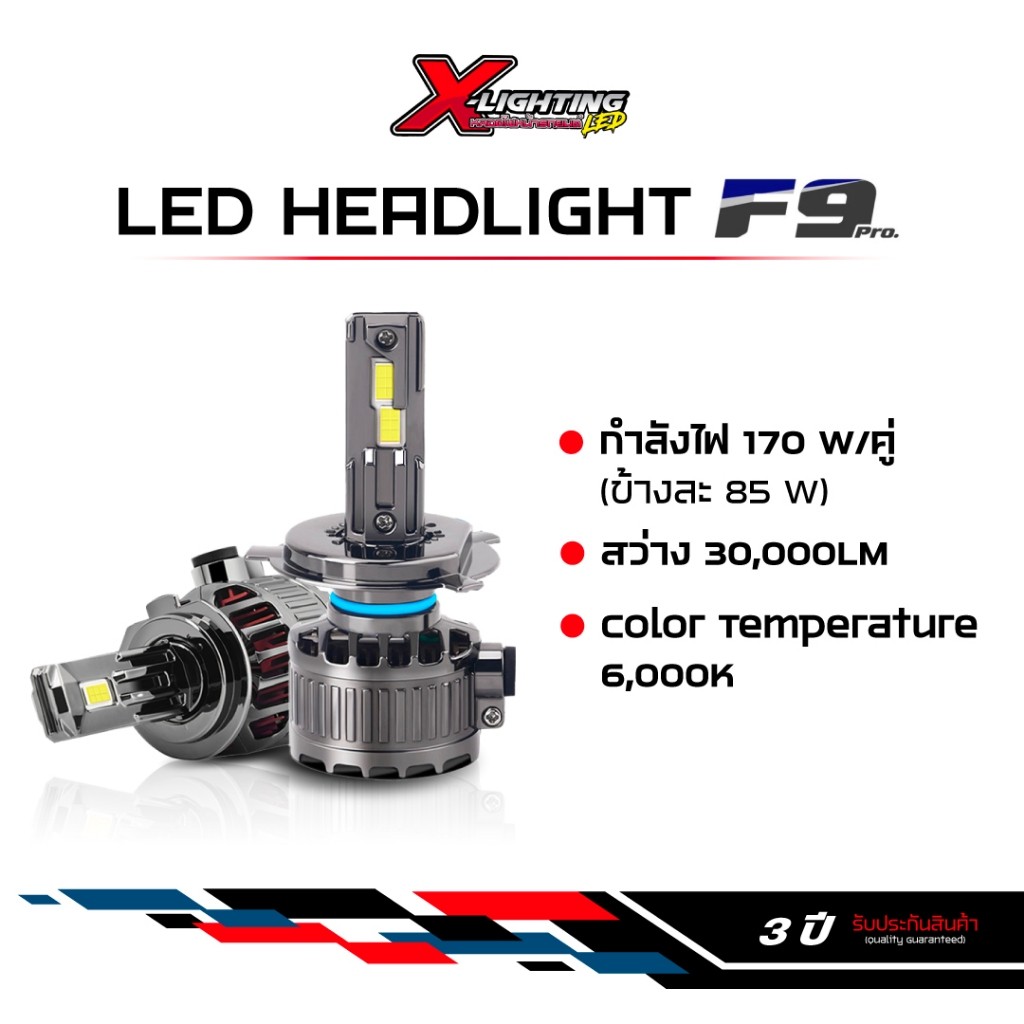 สินค้าขายดี1 คู่ หลอดไฟหน้ารถยนต์ LED รับประกัน 3 ปี ขั้ว H4 H7 H11 แสงสีขาว
รุ่น F9 PRO 170W 30000L