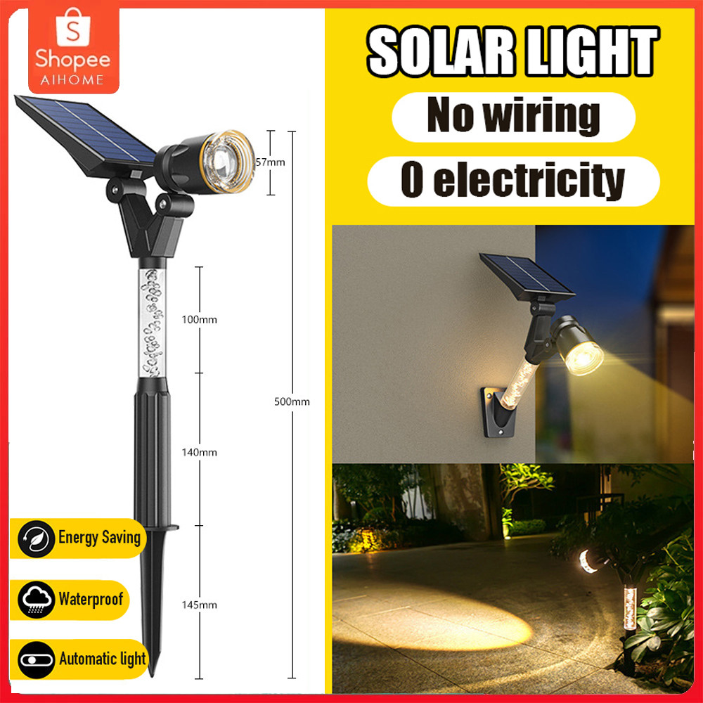 2Pcs ไฟเหลือง ไฟปักสนาม 9LED โคมไฟติดผนัง Solar Light ไฟตกแต่งสวน ใช้ในสวน Warm Light
