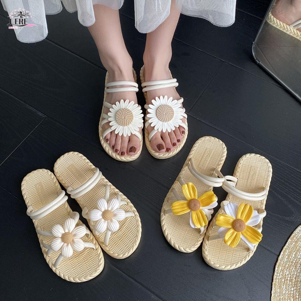 เจรีมี1ผู้หญิงรองเท้าแตะแบน,ป้องกันการลื่นไถลสานออกแบบฤดูร้อนรองเท้าแตะดอกไม้,แฟชั่นรองเท้าแตะหญิงทุกวันสบายๆชายหาดพลิก ล้มเหลว กลางแจ